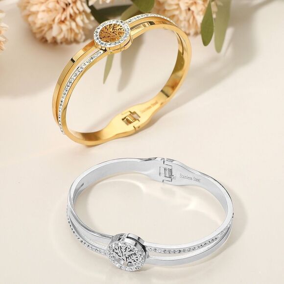 Gold Tree Of Life Accent Stainless Steel Metal CZ Crystal Bangle Bracelet - Picture 4 of 4